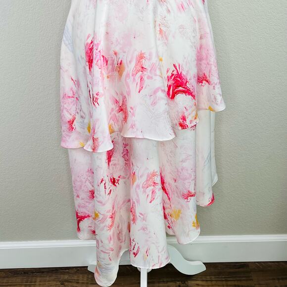 BCBGMaxAzria Asymmetric Tiered Satin Multi Pink White Marbled Midi Skirt Medium - Picture 11 of 13